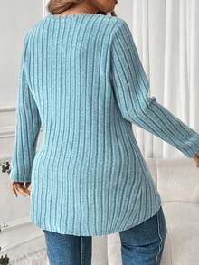 EMERY ROSE Women's Asymmetrical Hem Ribbed Knit Crew Neck Long Sleeve Plus Size T-Shirt, Autumn/Winter - Baby Blue - View 2