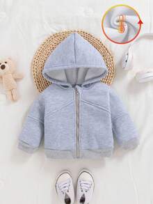 SHEIN Vintaside Kids 1 件婴幼儿男女休闲简约时尚灰色连帽长袖夹克，适合日常上学穿着，春秋季 - 灰色 - 查看 4