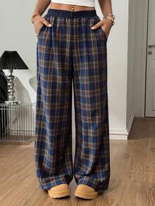 SHEIN Teen Girls Casual Plaid Straight Leg Pants Plaid Pants Pajama Pants Wide Leg Pants Checkered Pants Loose Pants,/Spring/Autumn/Christmas,Holiday/Famliy Day/Happy New Year - Multicolor - View 5