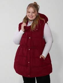 SHEIN CURVE+ Curve Plus 拉链连帽背心外套，冬季款 - 酒紅色 - 查看 1