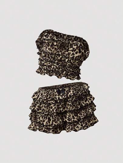 SHEIN MOD Leopard Printed Layered Dress Set For Women, Summer Outfit, Music Festival,Concert Outfits,Rave Outfits,Country Concert Outfit,Casual Women Outfits,Bloomer Shorts,Mexican Women Outfit,Y2k Women Clothes