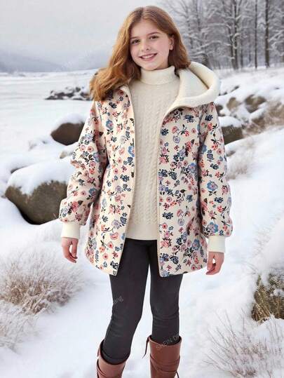 SHEIN 2-In-1 Girls Floral Faux Fur & Black Reversible Long Sleeve Windbreaker Jacket, Suitable For Autumn/Winter, Mid-Length Coat To Pair With Dresses, Sweaters, Turtlenecks, Pants, Skirts