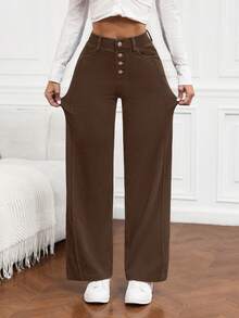 Flexra Women's Button Front Pocket Wide Leg Loose Casual Jeans - Coffee Brown - View 3
