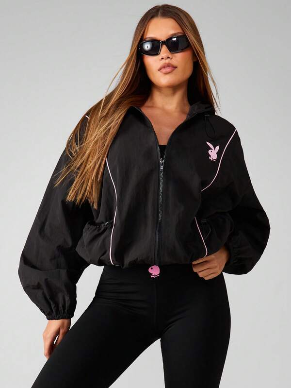 Missguided x Playboy Oversized Zip Up Hoodie Windbreaker Jacket With Hood And Pockets For Layering