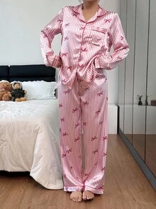 Women's Casual Pink Satin Long Sleeve Top & Pants Pajama Set With Striped And Bow Print Long Pants Home Wear Pink Pajama Set Bow Print Pajamas Striped Pajama Set Pajama Sets For Women, Fall Winter Clothes