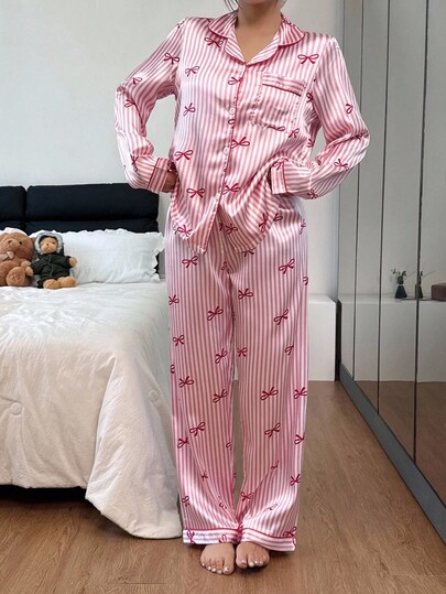 Roze Satijnen Long Sleeve Top Pants Pajama Set Gestreepte Bow Print Home Wear Pyjama Sets Women, Fall Clothes view 4