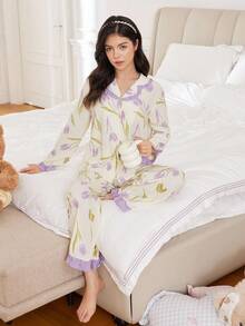 Teen Girls Casual Home Cute Flower Print Pattern Contrast Color Stitching Ruffled Home Wear Suit,Tulip Printed Ruffled Hem Pajama Set, Holiday Season - Multicolor - View 5