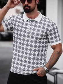 Manfinity Homme Camisa polo de moda casual para hombre, con estampado geométrico, camisa polo versátil - Blanco - Ver 3