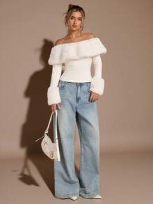 SHEIN BAE Apricot Off Shoulder Fuzzy Tight-Fitting Long Sleeve Sweater Top, Thermal Lined Thick Autumn/Winter Top,Valentine's Day,Valentine Outfits For Women