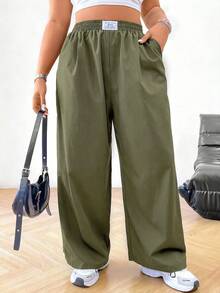 SHEIN PETITE CURVE Quần ống rộng màu đen thường ngày cỡ lớn dành cho nữ - xanh quân đội - Xem 3