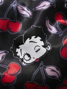 Betty Boop x SHEIN 升级版双层女士护发帽，宽弹力缎面波点印花睡眠帽，柔软舒适黑色，适合日常居家、睡眠、樱桃图案、送礼佳品、派对、节日、情人节等场合。 - 黑色 - 查看 6