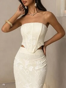 Vowa 优雅、浪漫、时尚、简约、度假风格、米色、刺绣针织面料、两件套、露肩、收腰 A 字裙、美人鱼廓形、网红风格、时尚服装，适合下午茶、派对、婚礼、毕业典礼、鸡尾酒会 - 米色 - 查看 6