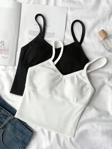 SHEIN 两件装少女基础款纯棉吊带背心，休闲冬季款 - 黑與白 - 查看 4