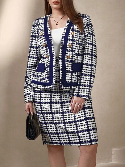 SHEIN Clasi Plus Size WomenHoundstooth Metal Double-Breasted Long Sleeve Jacket And Midi Skirt Elegant 2 Pieces Set, Autumn, Elegant 2 Pieces Set,Fall Clothes For Women,Winter Clothes For Women,Fall Clothes Plus Size ,Winter Clothes,Autumn, Winter Outfit For Women,Night Out,Going Out Outfit , Old Money Style Women,Suitable For Multiple Occasions,Halloween, Homecoming,Christmas,Business Casual Woman,Teacher Clothing, Fall Wedding Guest Dress,Hoco Dressses, Date Night Outfits Women,Going Out ,Wedding Guest Dress Women,Mother Of The Bride Dresses For Wedding, Formal Dresses For Wedding Guest,Dresses For Wedding Event , Fall Wedding Guest Dress,Civil,Party,2025 New,Wrap Dress, Chic Women's Set ,Women's Formal Wear ,Fashionable Work Wear ,Christmas