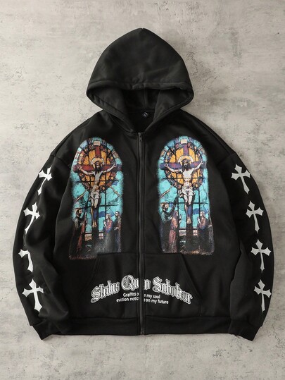 Street Life Sudadera con capucha casual de hombre con estampado de cruz y figura, otoño/invierno