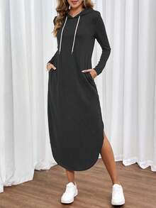 Flexra 长袖简约长款连帽休闲连衣裙，日常休闲长款女装 - 黑色 - 查看 5