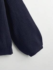 Omancia White Lantern Sleeve Button Front Ribbed Loose Knit Cardigan, Spring/Summer - Navy Blue - View 3