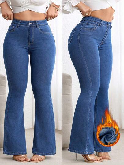 Flexra 加大码高腰修身喇叭腿水洗深蓝色牛仔裤