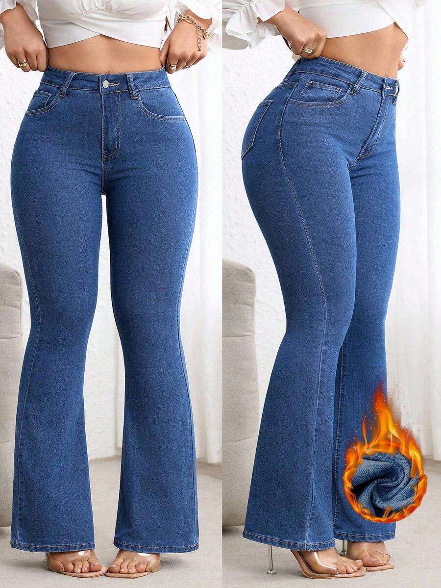 SHEIN Unity Plus Size High Waist Slim Fit Flare Leg Washed Dark Blue Jeans - Light Wash - View 1