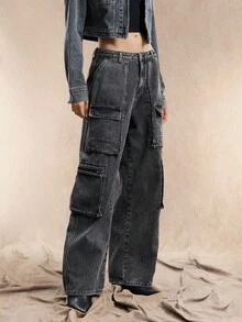 Easelle 女式宽松工装口袋阔腿休闲牛仔裤 - 黑色 - 查看 3