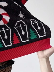 ROMWE Goth Dark Christmas Tree, Skull, Snowflake, Candy Cane Pattern Women Sweater - Multicolor - View 10