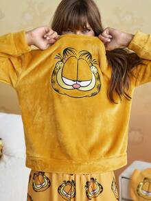 GARFIELD | SHEIN Women's Autumn/Winter Cat Embroidery Crew Neck Fuzzy Top And Pants Pajama Clothes Set, Autumn/Winter Warm Clothes Set Cute Sleep Wear Women, Fluffy, Cozy - Yellow - View 1