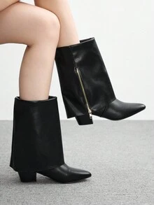 CUCCOO BIZCHIC 高品质黑色纽扣踝靴，尖头粗跟优雅女靴，时尚百搭新款长靴，展现女性魅力与优雅 - 黑色 - 查看 1