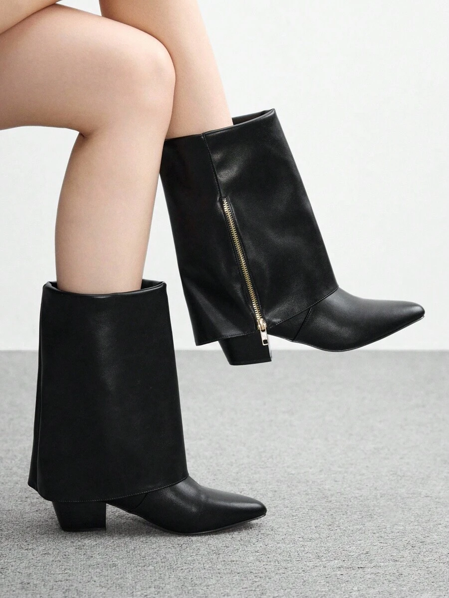 CUCCOO BIZCHIC 高品质黑色纽扣踝靴，尖头粗跟优雅女靴，时尚百搭新款长靴，展现女性魅力与优雅 - 黑色 - 查看 1