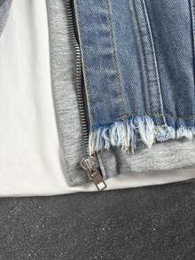SHEIN 男童复古街头风十字刺绣拼接蓝色牛仔针织连帽夹克，秋冬款，适合日常穿着、街头风、万圣节、圣诞节等场合，保暖百搭。 - 淺色水洗藍 - 查看 5