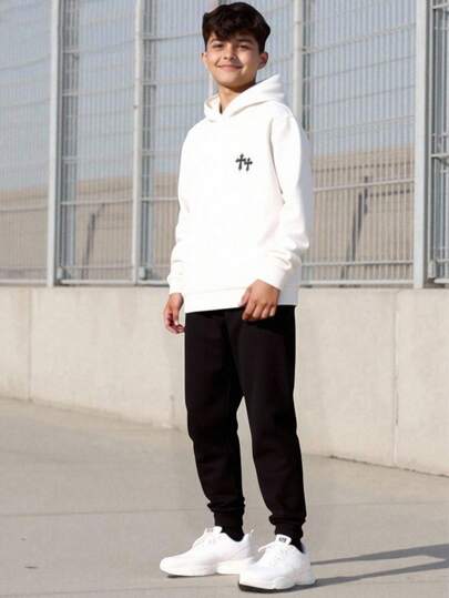 SHEIN 2 件套青少年男孩休闲十字印花连帽运动衫和抽绳运动裤套装，纯色基本百搭，适合圣诞节、居家、通勤、学校、日常休闲、度假、户外、派对、秋冬
