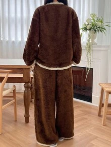 DAZY Women's Thick Fleece Trim Design Pajama Clothes Set, Winter - Coffee Brown - View 2