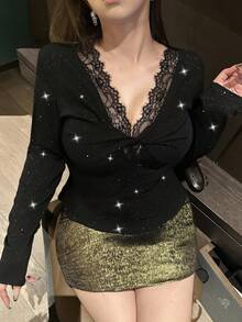 Flirla Blusa de manga larga elegante con cuello en V, encaje, parches y decoración de lentejuelas, de corte ceñido, para tallas grandes - Negro - Ver 3