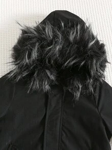 SHEIN 男嬰純黑色冬季簡約約會款加厚連帽外套，人造毛領保暖內裡加厚夾克，幼兒冬季百搭外衣 - 黑色 - 查看 7