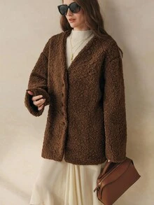 Cévolie 女式棕色长袖单排扣宽松休闲仿皮草夹克 - 棕色 - 查看 4