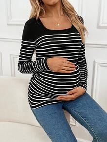 SHEIN 孕妇条纹方领长袖休闲哺乳上衣 - 黑與白 - 查看 4