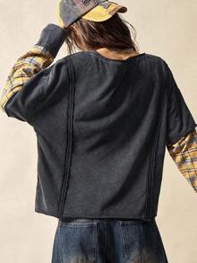 Bohemela Áo thun BOHO cổ tròn tay dài kẻ caro rộng rãi họa tiết hòa bình có chi tiết đính đinh tán dành cho nữ, phong cách đồng quê miền Tây cổ điển, kỳ nghỉ hòa nhạc, trở lại trường, Halloween, Giáng sinh, phù hợp cho mùa thu/đông - Nhiều màu - Xem 3