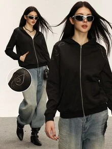 Rina Fox Women's Autumn Rhinestone Embellished Zip-Up Sweatshirt - Black - View 1