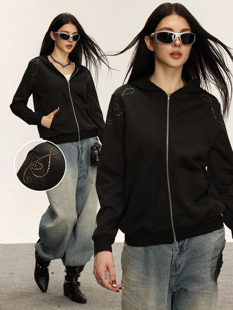 Rina Fox Women's Autumn Rhinestone Embellished Zip-Up Sweatshirt - Black - View 1