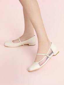 CUCCOO DOLLMOD Women's White Square Toe Comfortable Breathable Mesh & Patent Leather Splice Mary Jane Flat Shoes - Beige - View 3