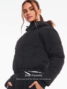 GLOWMODE 舒适丝滑保暖可调节抽绳下摆连帽羊毛内衬短款羽绒夹克秋冬户外日常休闲装 - 黑色 - 查看 5