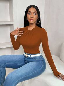 VaVaBold Camiseta de manga larga con cuello de lazo, ajuste ceñido y bajo con volantes, unicolor, elegante y casual para mujer, atuendo de otoño - Café integral - Ver 7