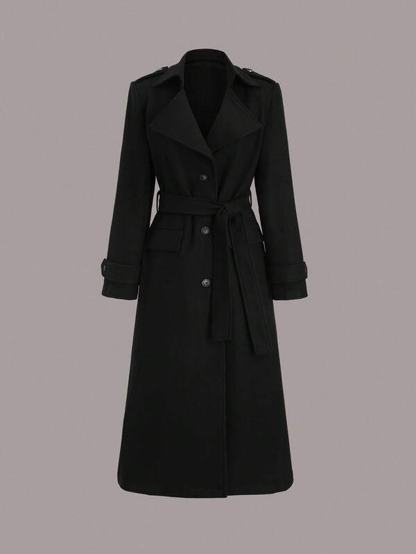 TRNVIE 1 pieza Abrigo negro de mujer, con botones, bolsillos, cinturón, de una sola hilera de botones, largo, adecuado para la oficina, uso diario, casual