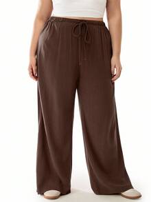 SHEIN EZwear Pantalones holgados casuales sólidos de cintura alta para mujeres de talla grande con cinturón y pierna ancha