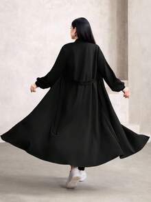 Graceveil Elegant Waist Cinched Long Sleeve Stand Collar Minimalist Design Outerwear, Flattering Silhouette, Suitable For Autumn/Winter Abayas - Black - View 2