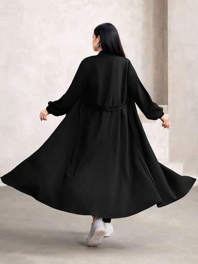 Graceveil Elegant Waist Cinched Long Sleeve Stand Collar Minimalist Design Outerwear, Flattering Silhouette, Suitable For Autumn/Winter Abayas