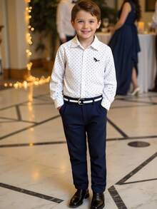SHEIN 2pcs Young Boy Gentleman Set: Polka Dot Long Sleeve Shirt And Suit Pants, Fashionable Gentleman Style, Suitable For Birthday Party, Formal Event, Wedding, Christening, Christmas, Halloween