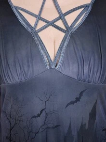 ROMWE Gothic Dark Forest Tombstone Cross Print Mesh Pentagram Lace-Up Collar Plus Size Women Waist Cinched Asymmetric Hem Dress - Black - View 5