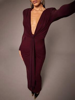 Silquee Abito elegante e sexy con scollo a V profondo, maniche lunghe in in rete trasparente, drappeggio con nastro arricciato sulle spalle, aderente, adatto per Natale, laurea, matrimonio, appuntamenti, banchetti, feste, raduni con sorelle, abiti da festa autunnali, abiti da ospite di matrimonio autunnali, abiti da ospite di matrimonio a maniche lunghe, abito formale elegante, abito con scollo profondo, abito da ospite di matrimonio