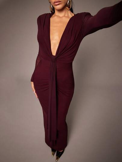 Silquee Vestido elegante y sexy de manga larga con cuello en V profundo, drapeado de cinta fruncida en los hombros, malla transparente. Vestido largo y elegante para mujer, adecuado para Navidad, graduación, bodas, citas, banquetes, fiestas, reuniones familiares. Vestido de fiesta de otoño e invierno para invitadas a bodas, vestido formal de manga larga y glamoroso.