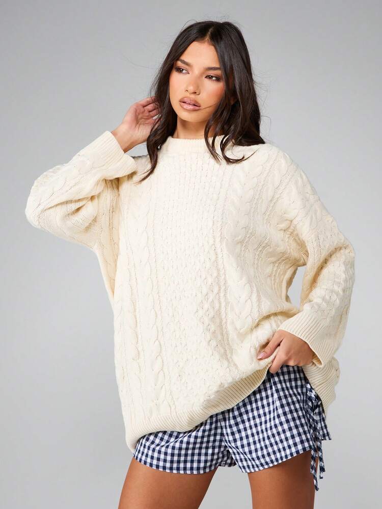 MISSGUIDED Luźny sweter z dzianiny kablowej, modny sweter zimowy, gruby splot, długi rękaw, ciepły, klasyczny, swobodny, wygodny, do noszenia na co dzień, sweter w stylu college'u, na jesień i zimę